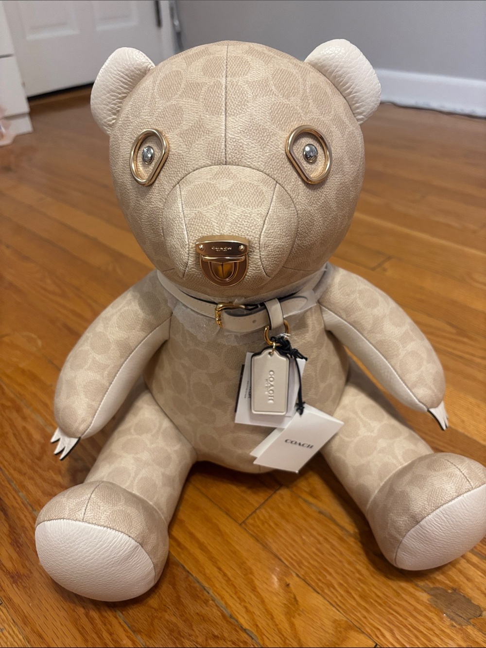 Coach Beige Signature Canvas Bear with Gold Hardware